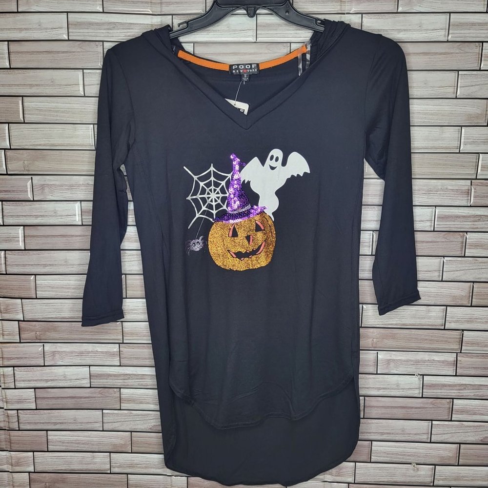 New Poof New York Womens Size Small Shirt Halloween Black Long Sleeve Top Hooded